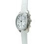 Omega Speedmaster chronograph watch with silver case, white dial, and white leather strap.