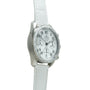 Silver-tone chronograph watch with white dial, Arabic numerals, subdials, and white leather strap.