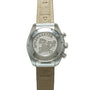 Stainless steel chronograph watch with textured silver dial, tan leather strap, and exposed caseback showing embossed logo an