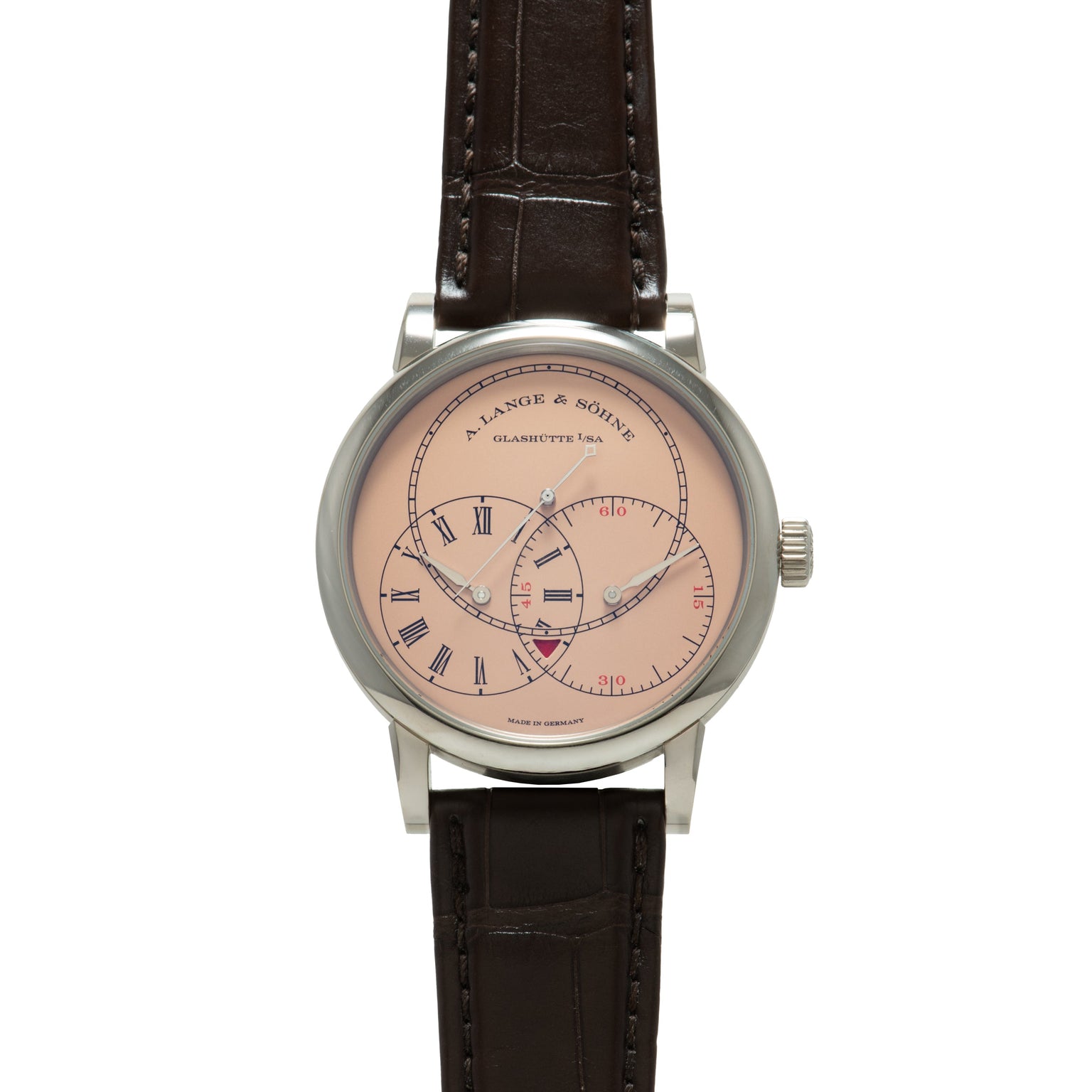 A. Lange & Söhne wristwatch with pink dial, Roman numerals, subsidiary dials, and dark brown leather strap.