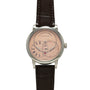 A. Lange & Söhne wristwatch with pink dial, Roman numerals, subsidiary dials, and dark brown leather strap.