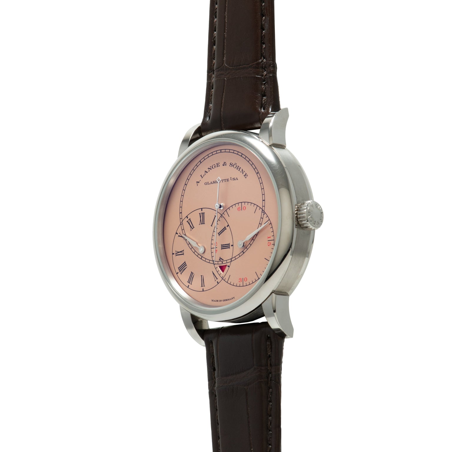 Silver-tone watch with pink dial, Roman numerals, subsidiary dials, and dark brown leather strap.
