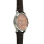 Silver-toned wristwatch with salmon dial, Roman numerals, dual subdials, and dark brown leather strap.