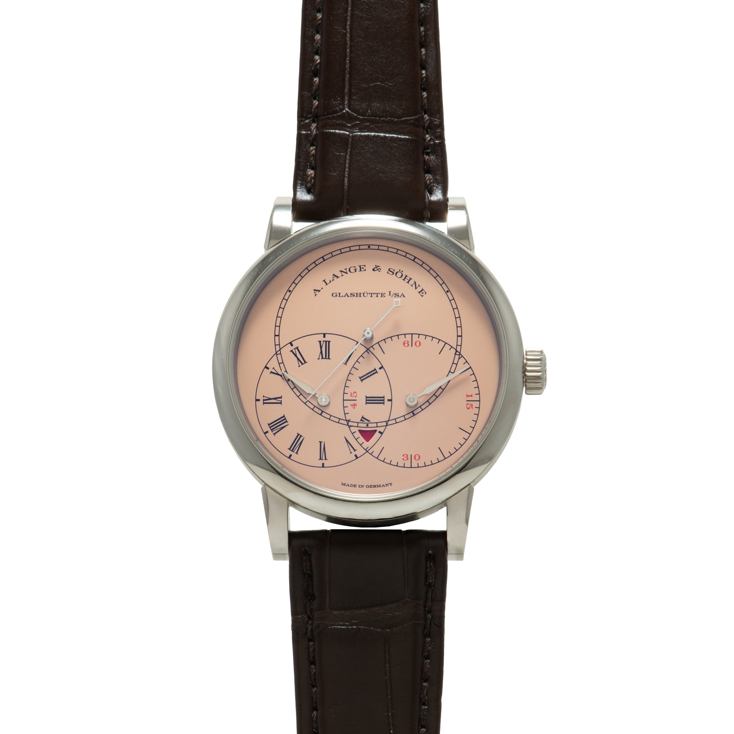 Silver-toned watch with salmon dial, Roman numerals, multiple subdials, and dark brown leather strap.