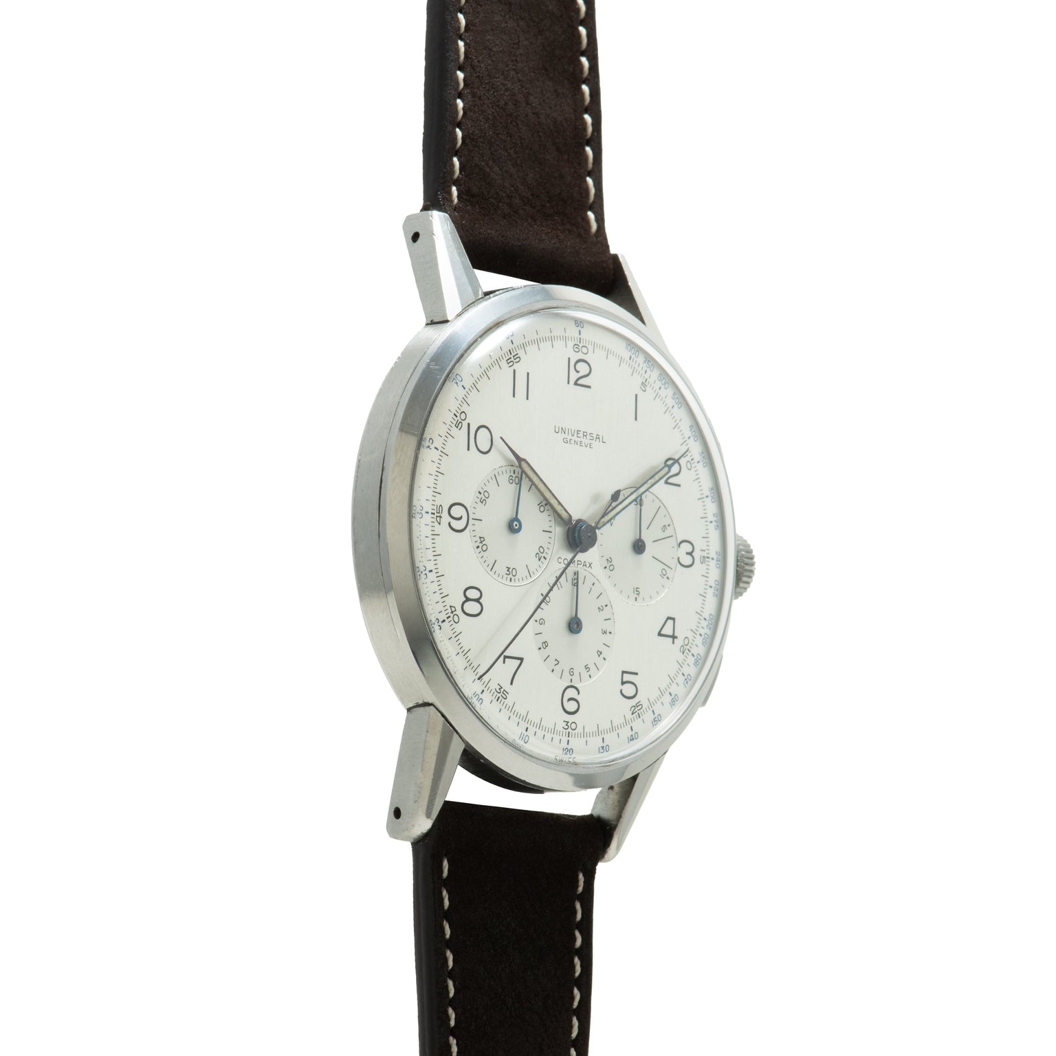 Universal Genève Jumbo Compax chronograph watch with silver dial, multiple subdials, and dark leather strap.