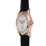 Rose gold watch with silver dial, Arabic numerals, two subdials, and black leather strap.