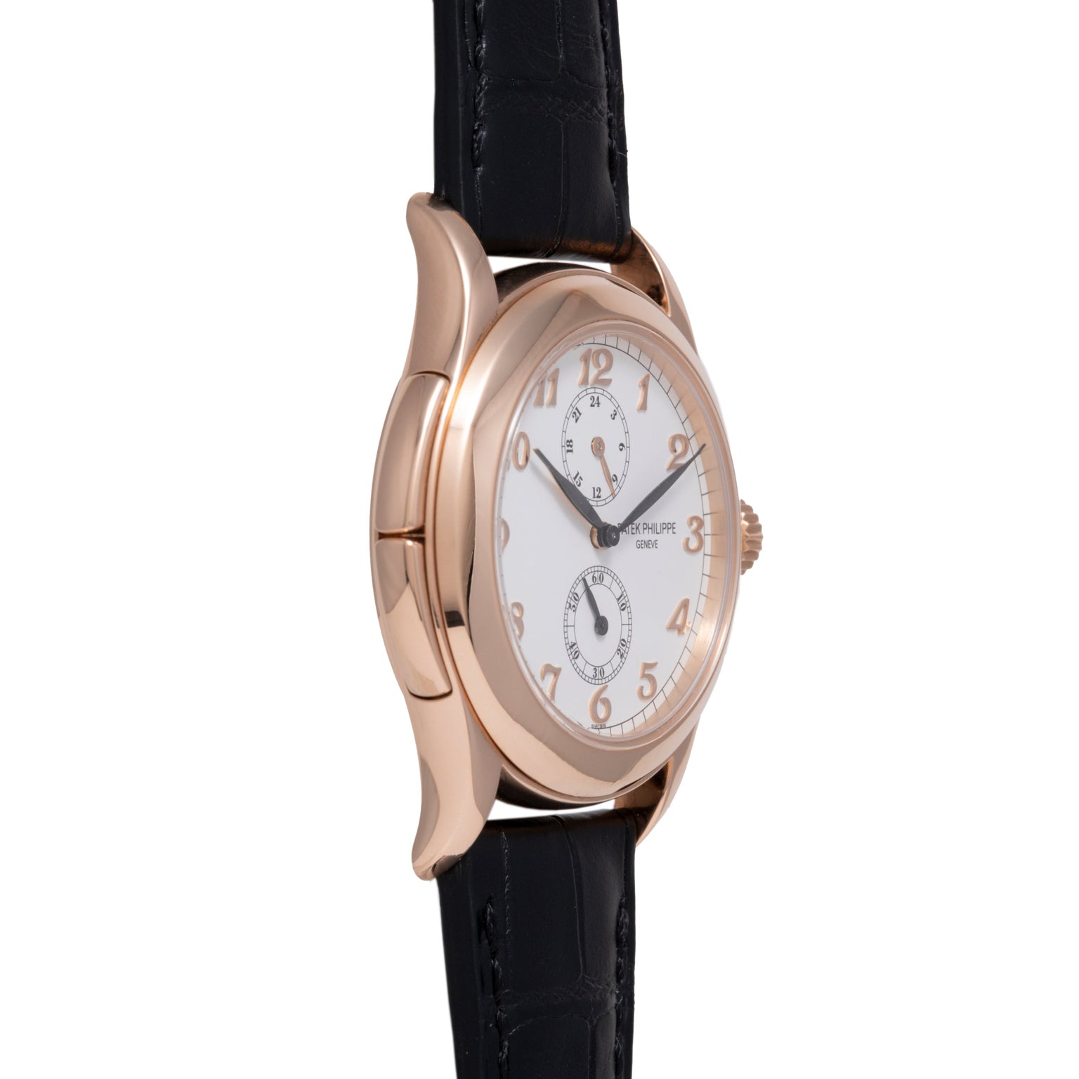 Rose gold watch with white dial, Arabic numerals, dual subdials, and black leather strap.