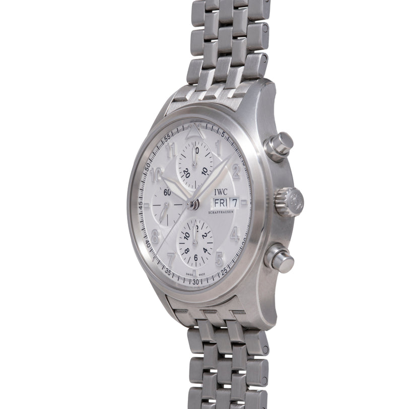 Silver stainless steel chronograph watch with white dial, multiple subdials, date window, and matching metal bracelet.