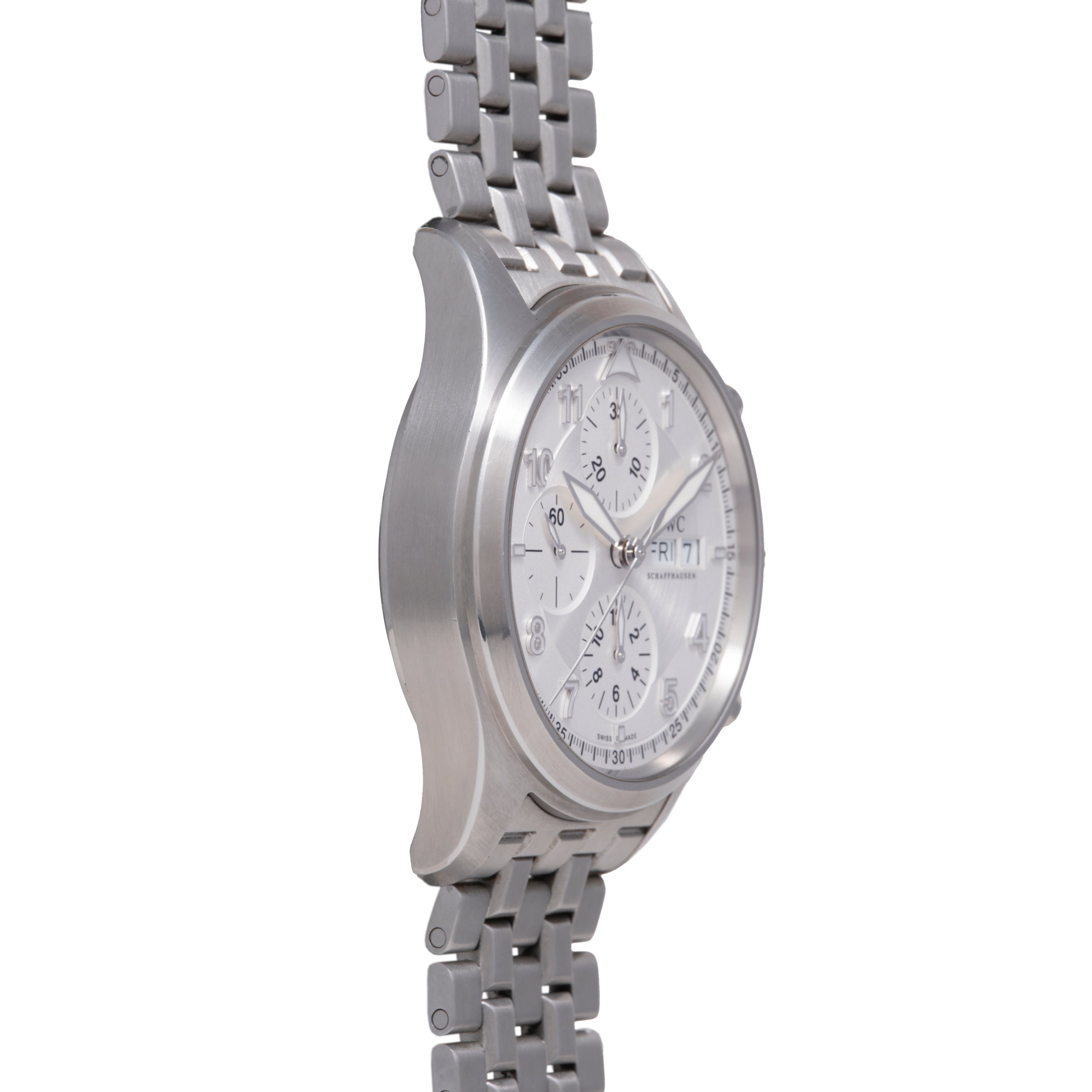 Stainless steel chronograph watch with silver dial, multiple subdials, and matching steel bracelet, displayed at an angle.