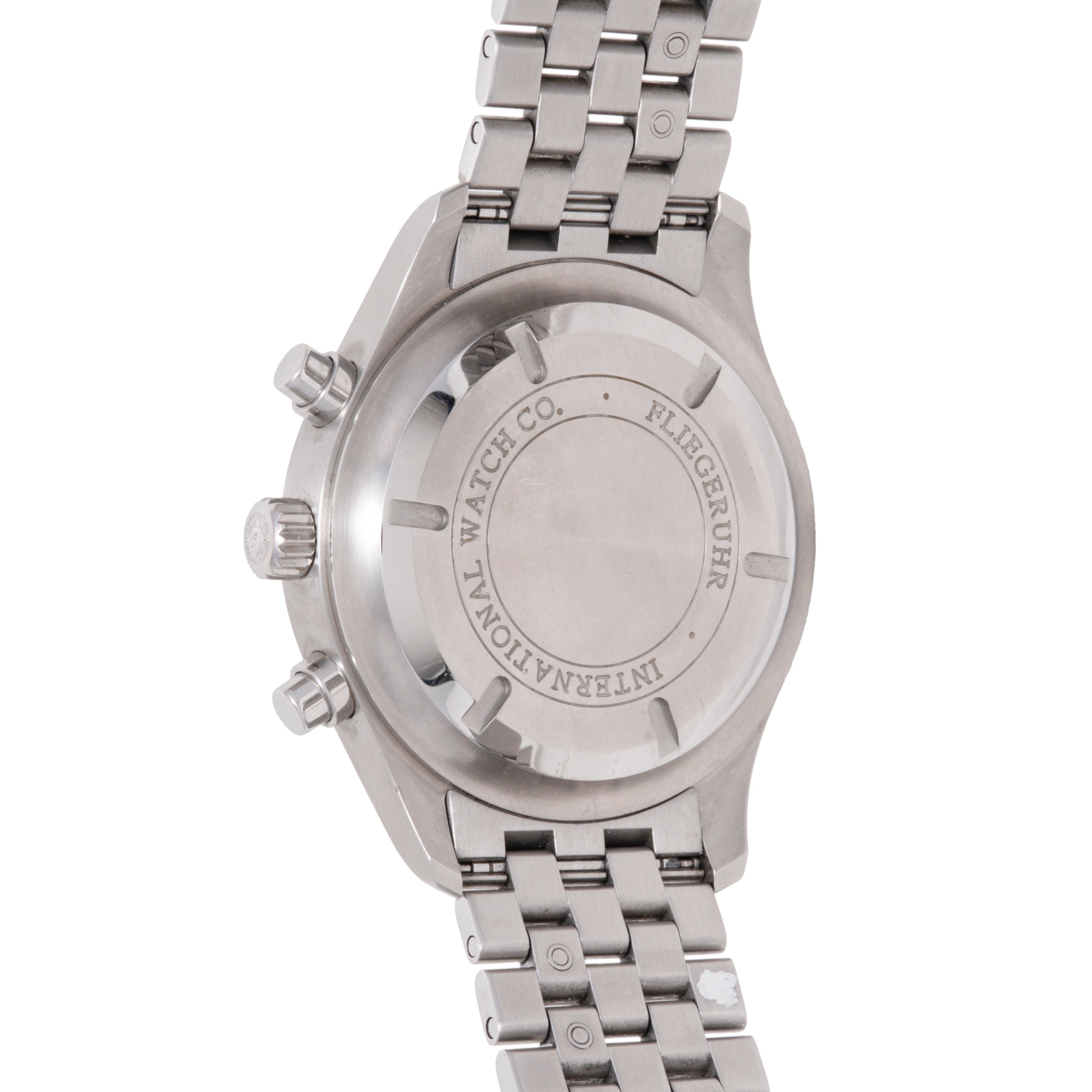 Stainless steel chronograph watch with metal bracelet, shown from back displaying engraved case back and pushers.