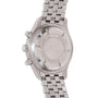 Stainless steel chronograph watch with metal bracelet, shown from back displaying engraved case back and pushers.