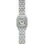 Cartier Panthere watch with diamond-set bezel, cream dial with Roman numerals, and stainless steel bracelet.