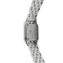 Cartier Panthere stainless steel watch with rectangular case, diamond settings, metal bracelet, and engraved caseback.