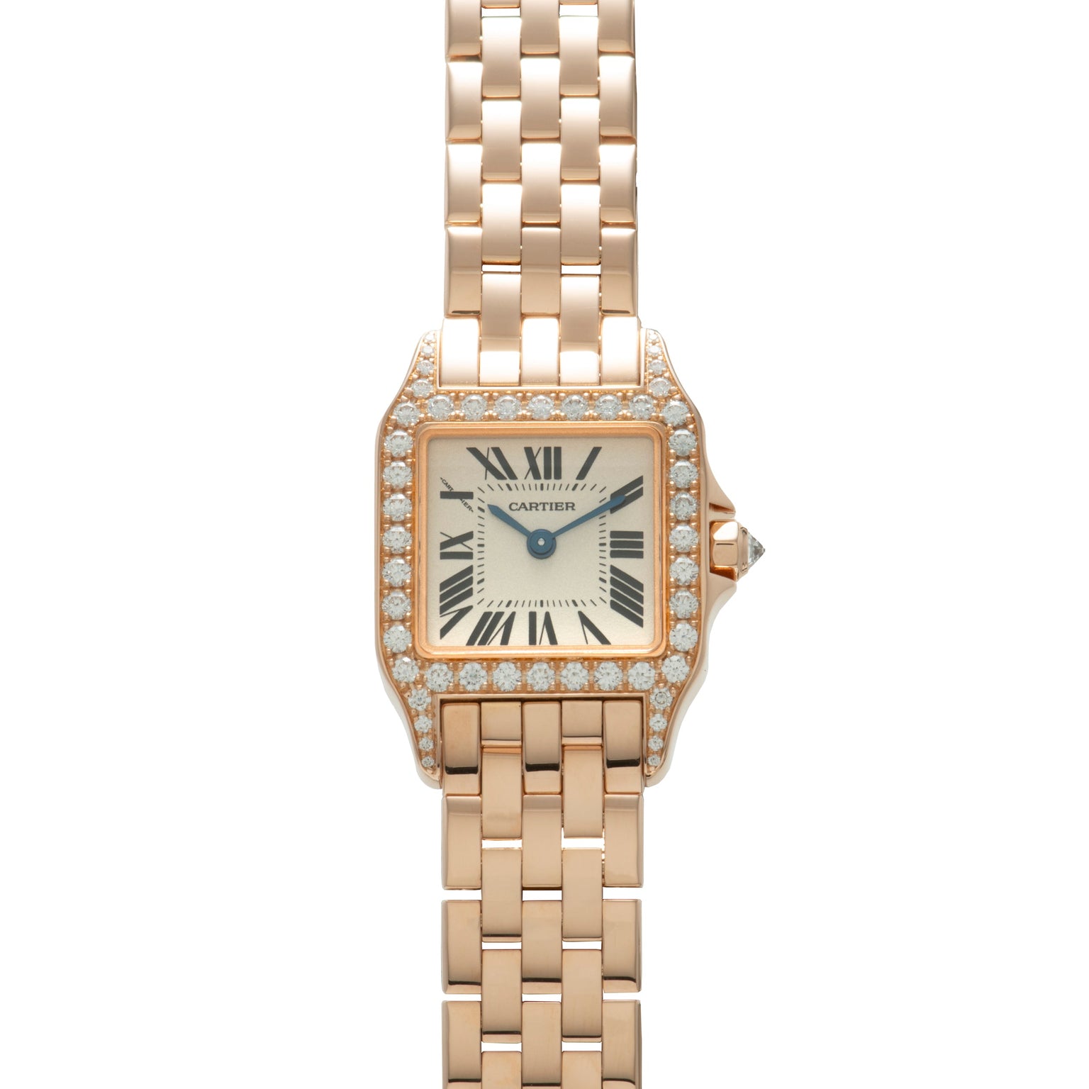 Rose gold Cartier Santos Demoiselle watch with diamond-set bezel, cream dial with Roman numerals, and matching bracelet.
