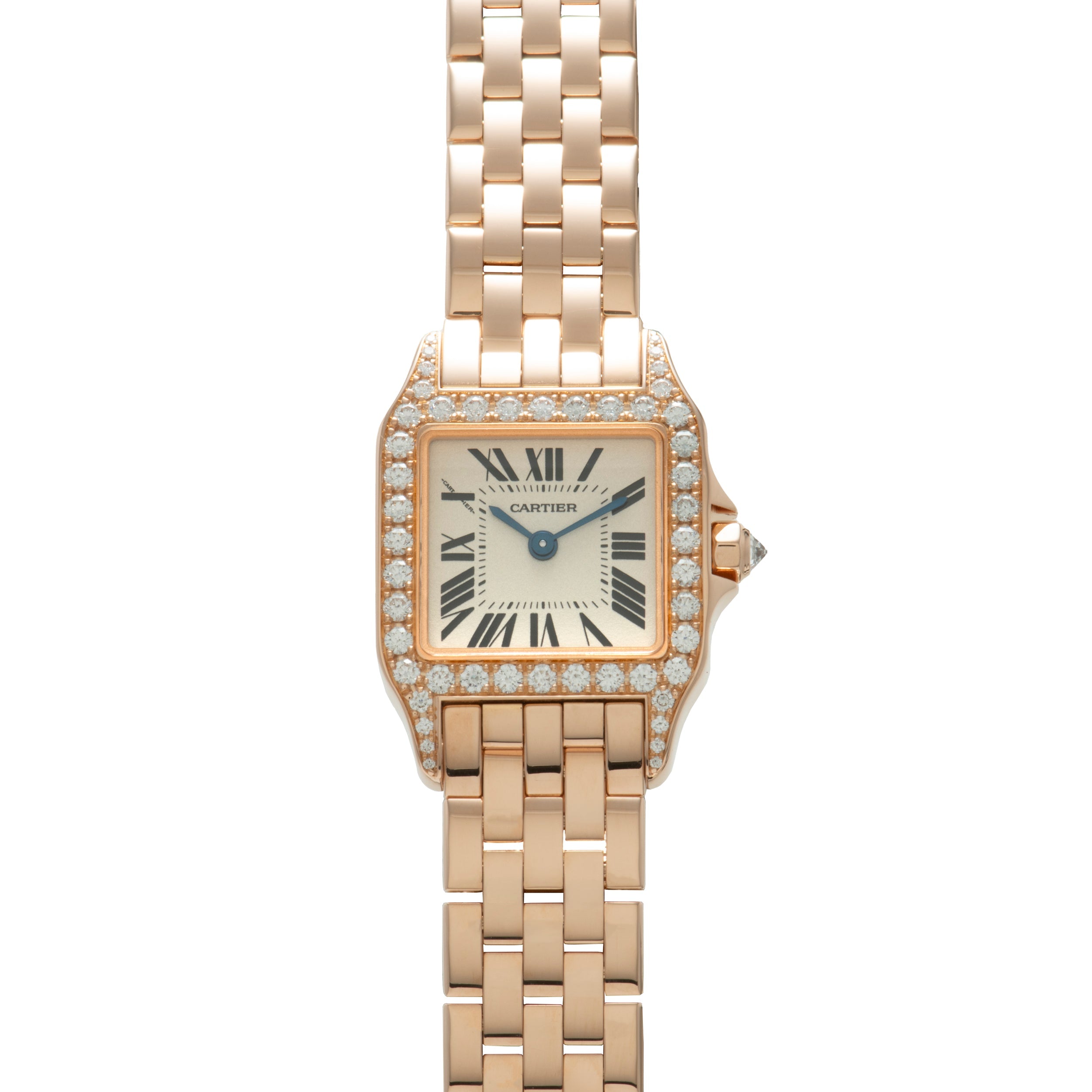 Rose gold Cartier Santos Demoiselle watch with diamond-set bezel, cream dial with Roman numerals, and matching bracelet.
