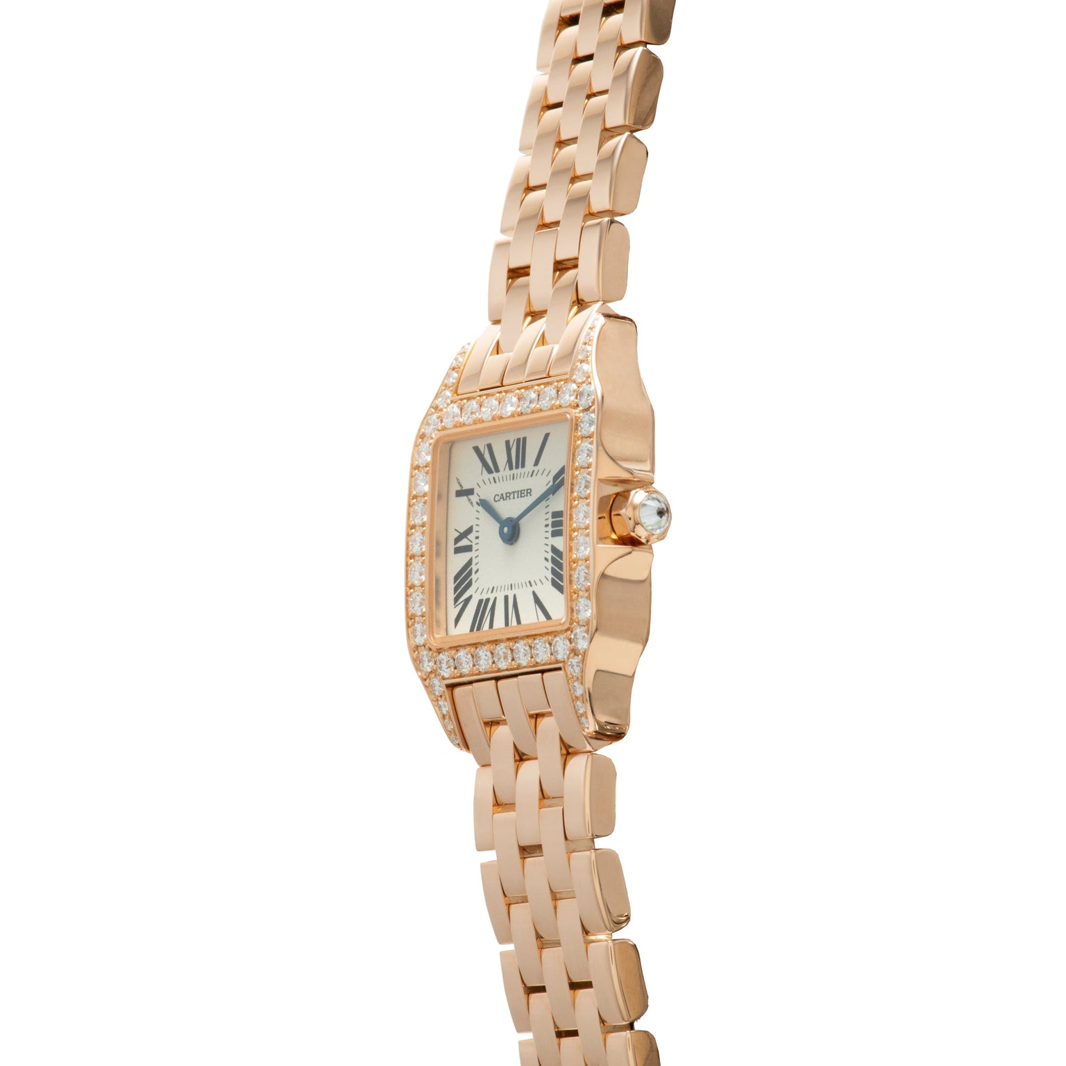 Rose gold rectangular watch with diamond-set bezel, cream dial with Roman numerals, and matching rose gold bracelet.
