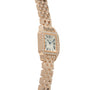 Rose gold rectangular watch with diamond bezel, cream dial with Roman numerals, and matching linked bracelet.