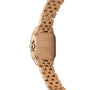 Rose gold rectangular watch with linked bracelet strap, Cartier branding and water resistant marking visible on brushed case