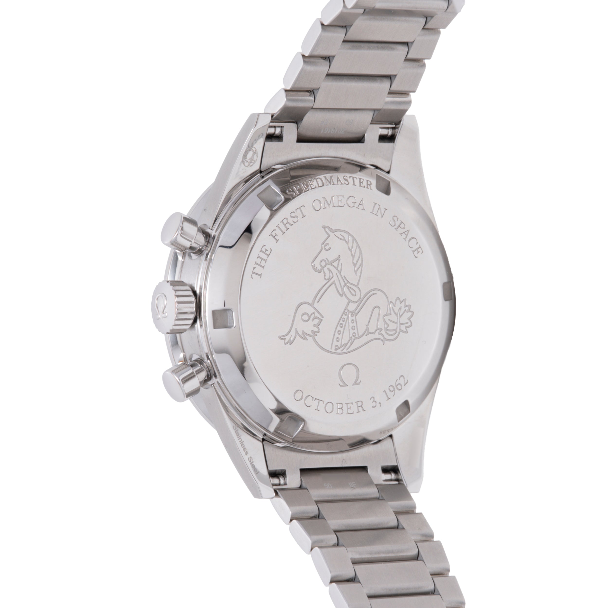 Stainless steel chronograph watch with linked bracelet, showing engraved caseback with "The First Omega In Space" text and Oc