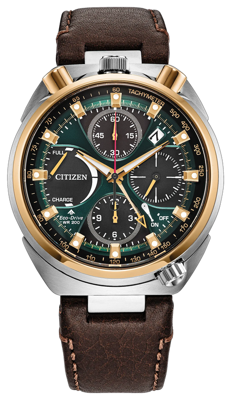 Citizen chronograph watch with green and black dial, gold-tone bezel and subdials, silver case, and brown leather strap.