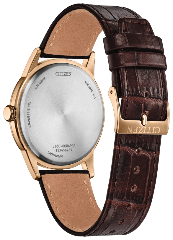 Rose gold-tone Citizen watch with white dial, 41mm case, and dark brown crocodile-textured leather strap.