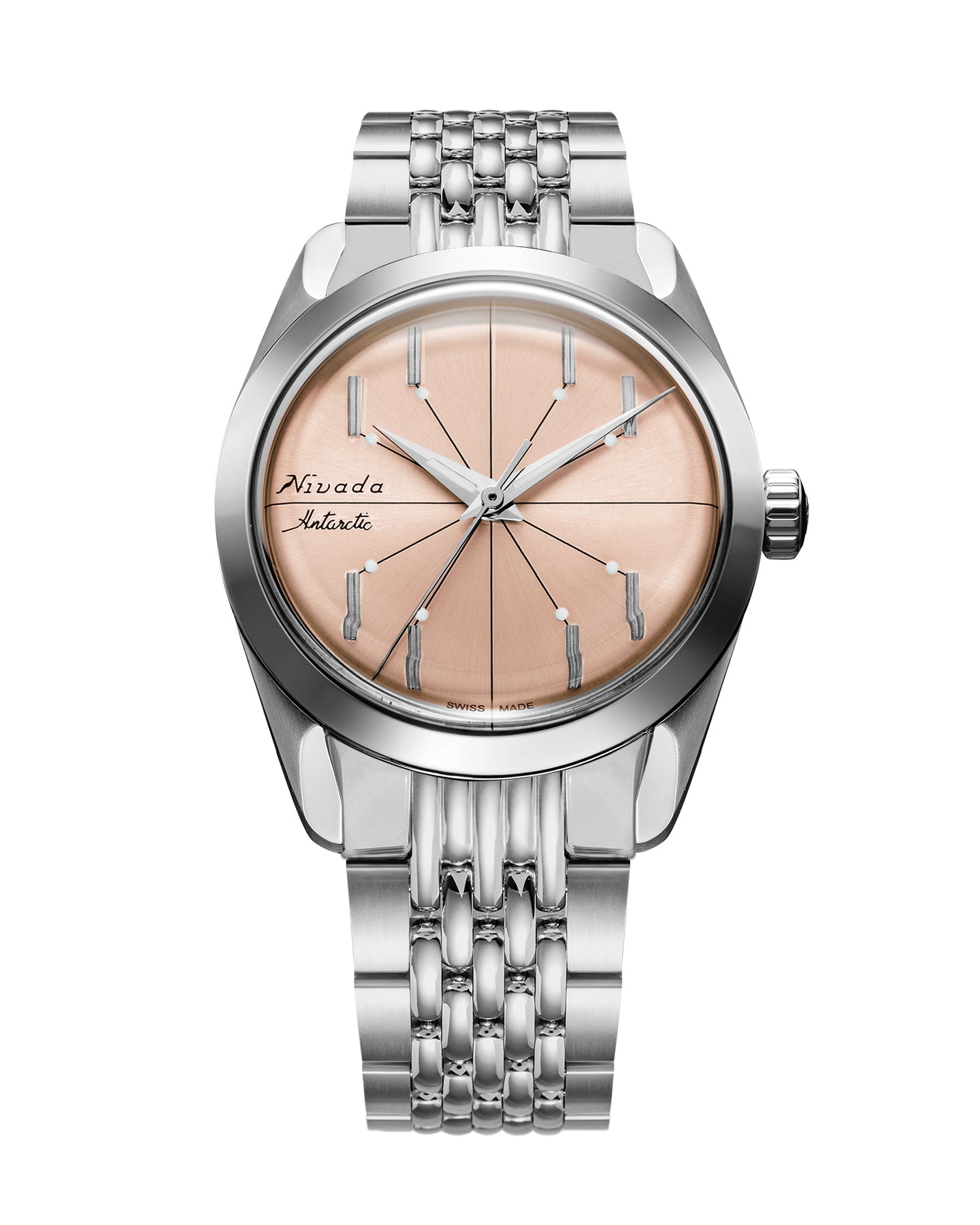 Stainless steel watch with salmon-colored dial, spider web design, silver hands, and linked metal bracelet.