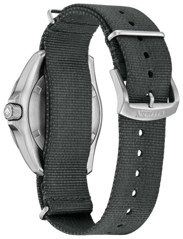 Silver-toned watch with navy nylon strap, 39mm case, shown from side and front angles.