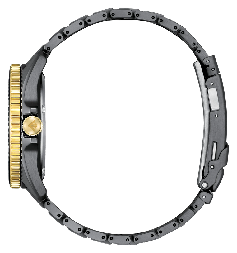 Gray stainless steel dive watch with black bezel, gold crown, and segmented band displayed from the side.