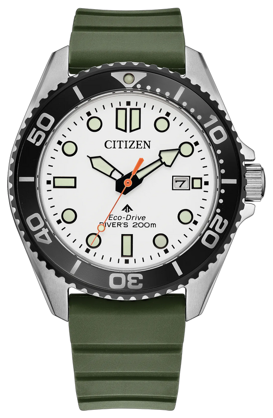 Citizen Promaster dive watch with white dial, black bezel, stainless steel case, and olive green polyurethane strap.