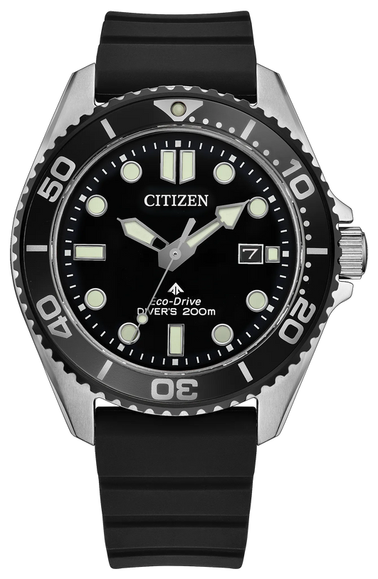 Citizen Promaster Dive watch with stainless steel case, black dial, luminous hands and markers, rotating bezel, and black rub