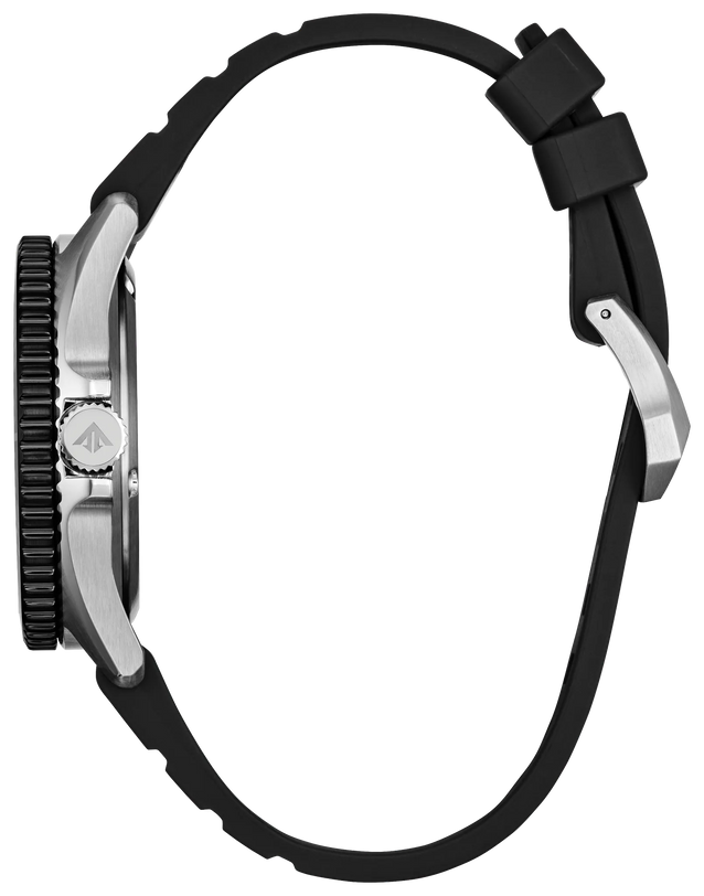 Black stainless steel dive watch with textured bezel, black rubber strap, and silver-tone case shown from side view.