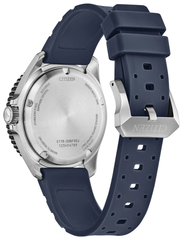 Citizen Promaster stainless steel watch with 40mm blue dial and navy rubber strap, shown from back and side angles.