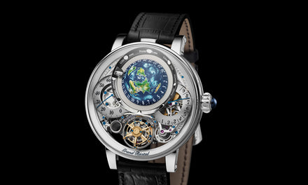 A Bovet Grand Recital watch with dials showing hours, retrograde minutes, seconds on the double face flying tourbillon, precision moon phase, and retrograde double-sided date
