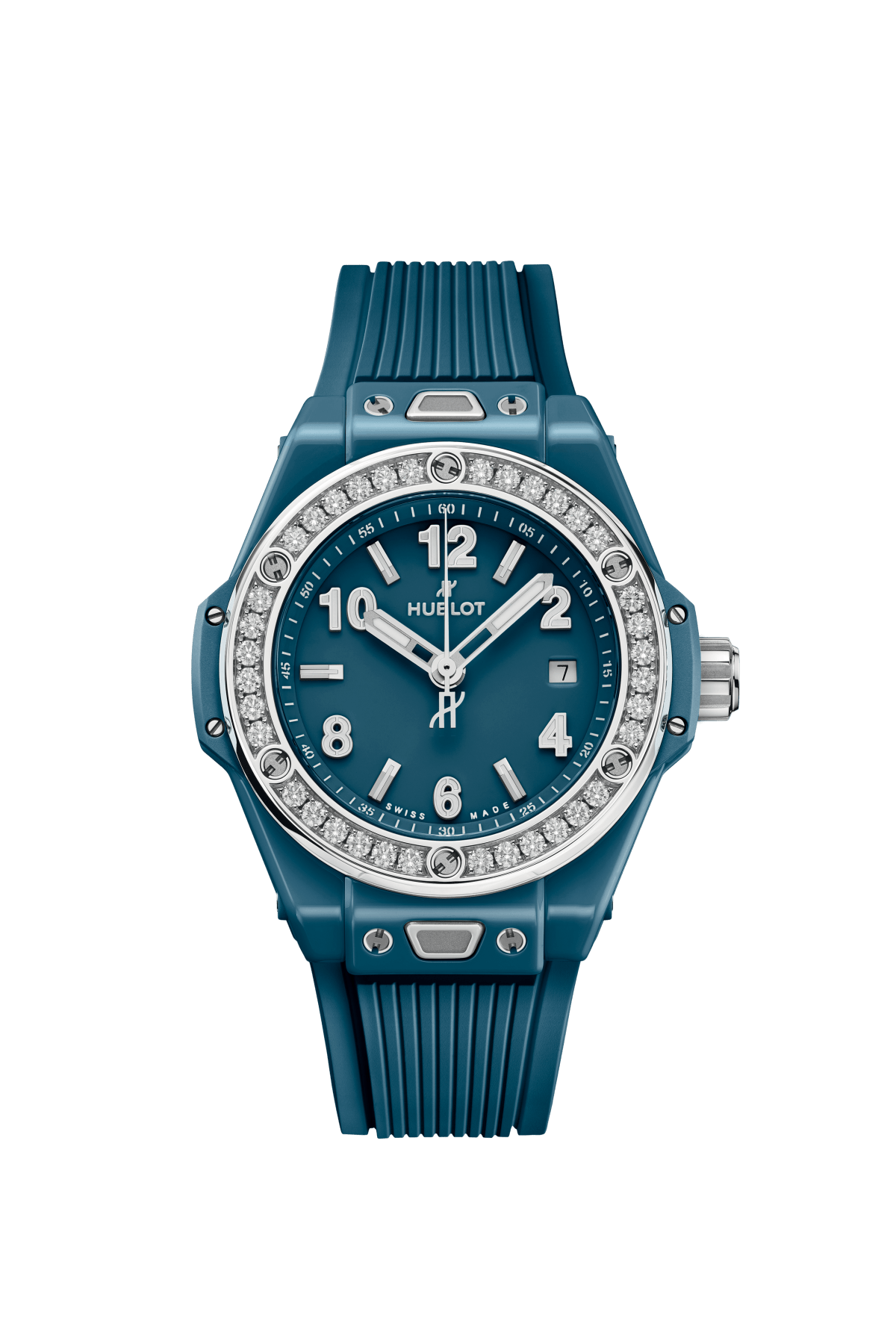 Petrol blue ceramic women's watch with diamond-set bezel, white numerals, and ribbed rubber strap.