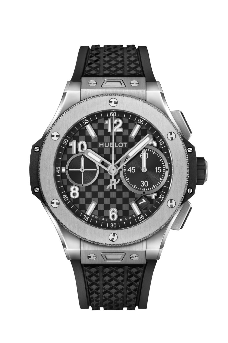 Titanium chronograph watch with black textured dial, Arabic numerals, subdials, and black rubber strap.