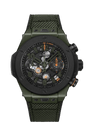 Dark green ceramic chronograph watch with black dial, skeleton movement, orange accents, and matching fabric strap.
