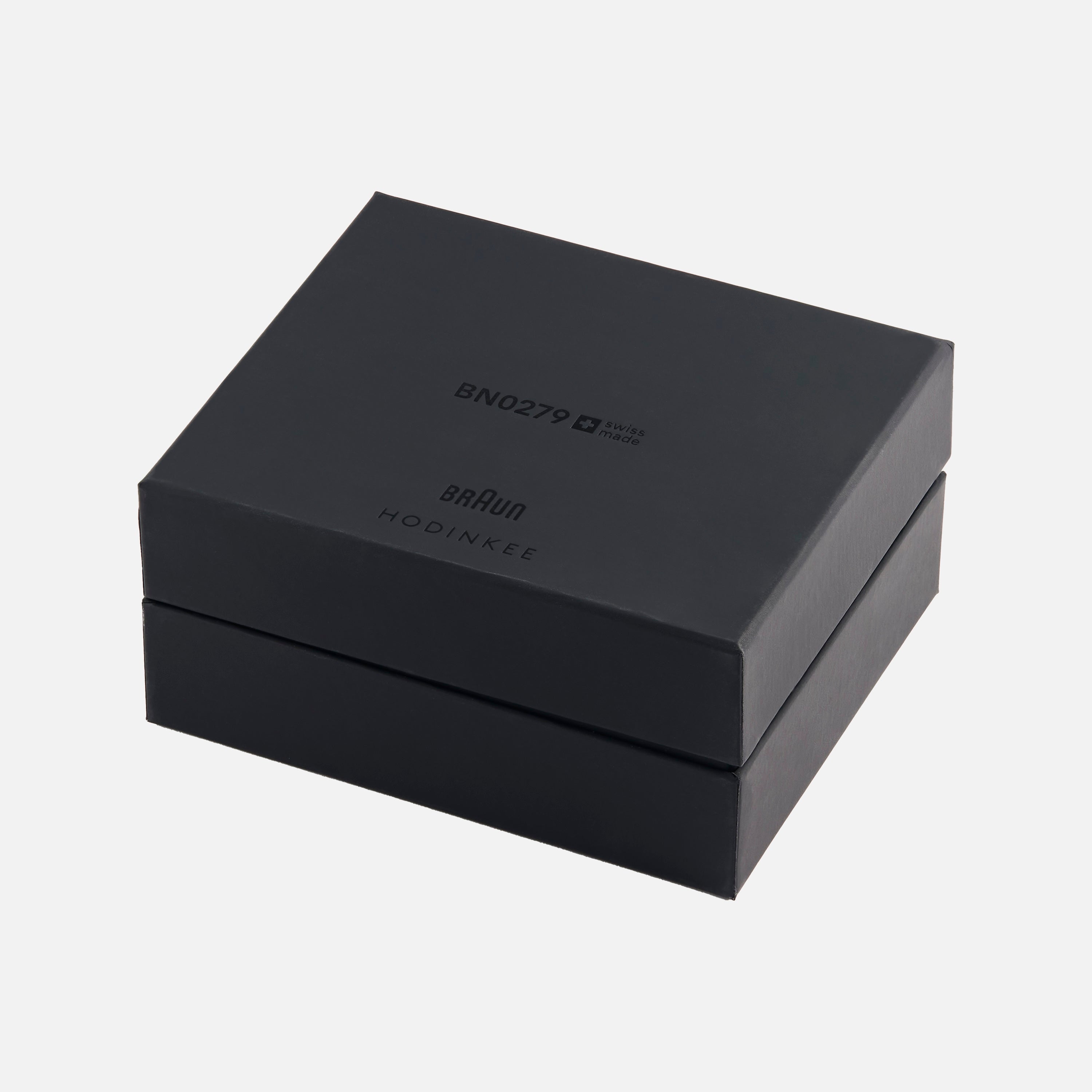 A matte black box with Braun BN0279 Sub-Seconds Limited Edition For Hodinkee and the Braun logo printed in dark text on the lid.