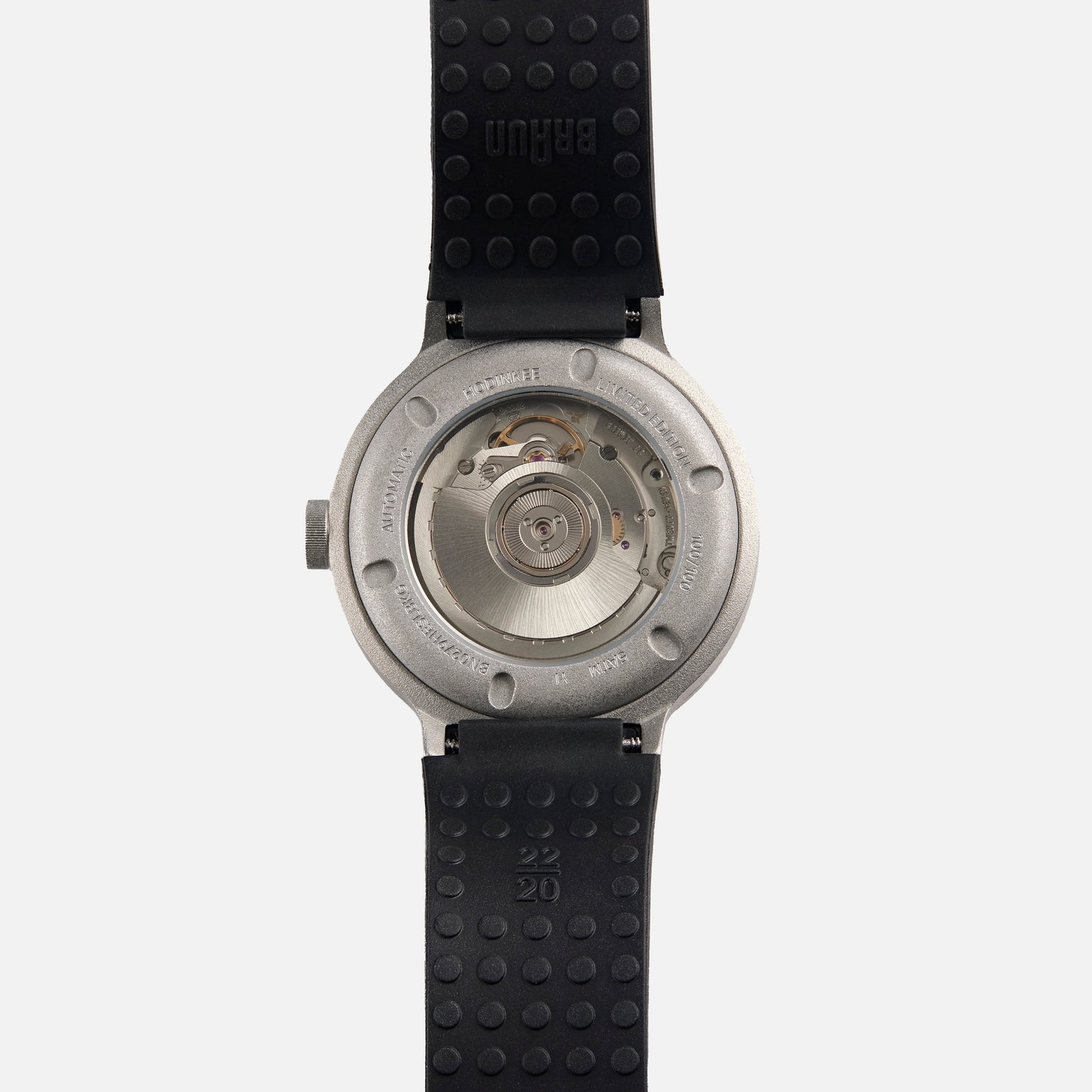 Back view of the Braun BN0279 Sub-Seconds Limited Edition For Hodinkee wristwatch, featuring a visible mechanical movement and a black rubber strap.