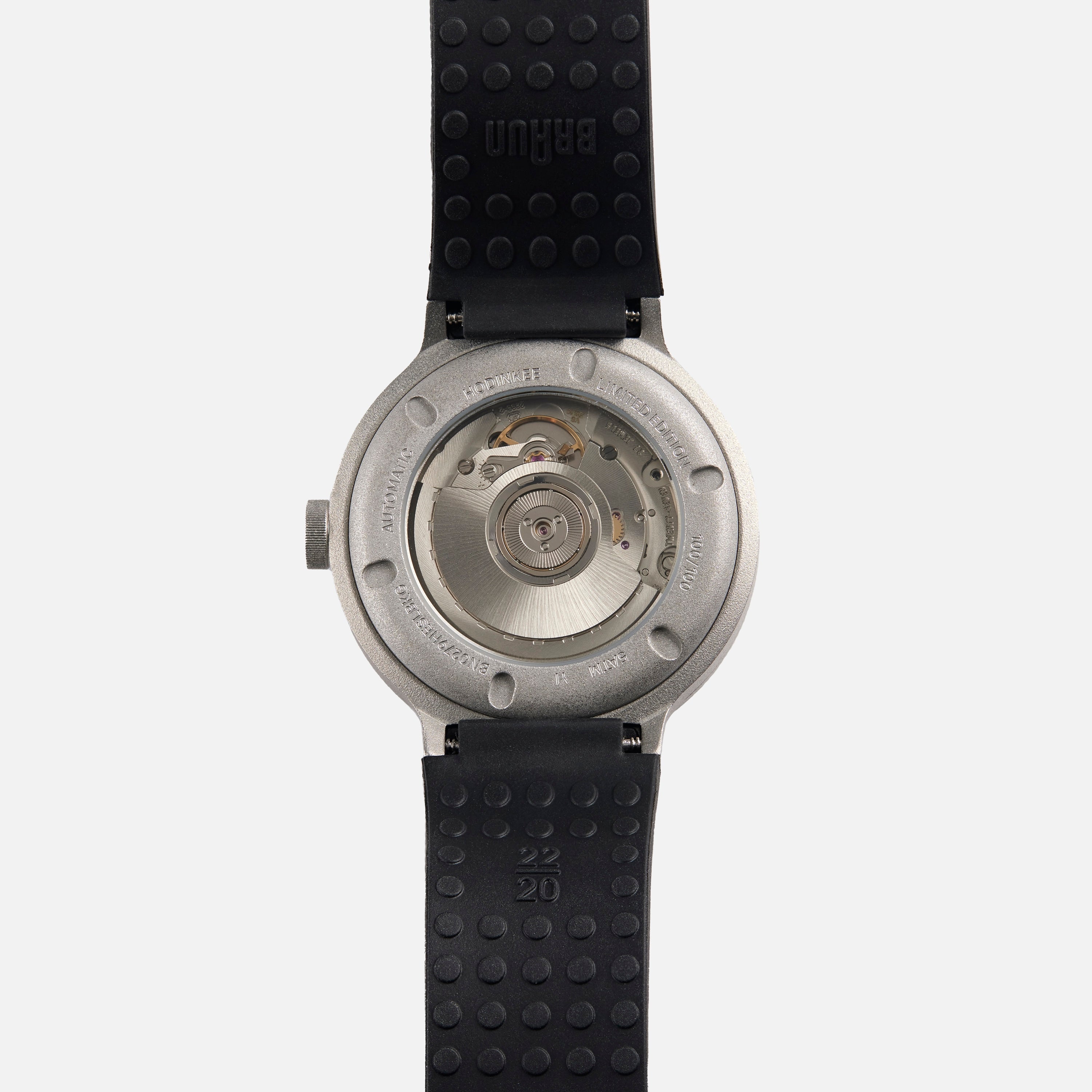 Back view of the Braun BN0279 Sub-Seconds Limited Edition For Hodinkee wristwatch, featuring a visible mechanical movement and a black rubber strap.