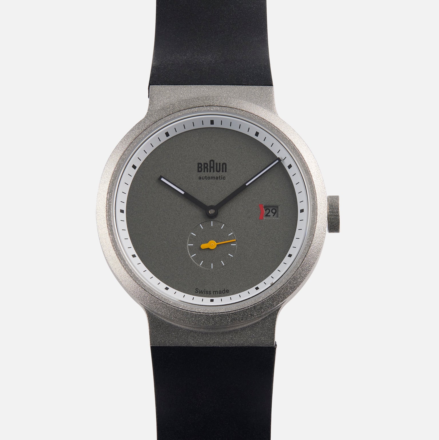 Braun BN0279 Sub-Seconds Limited Edition for Hodinkee wristwatch with a grey face, black strap, date display, and yellow detail on the small subdial.