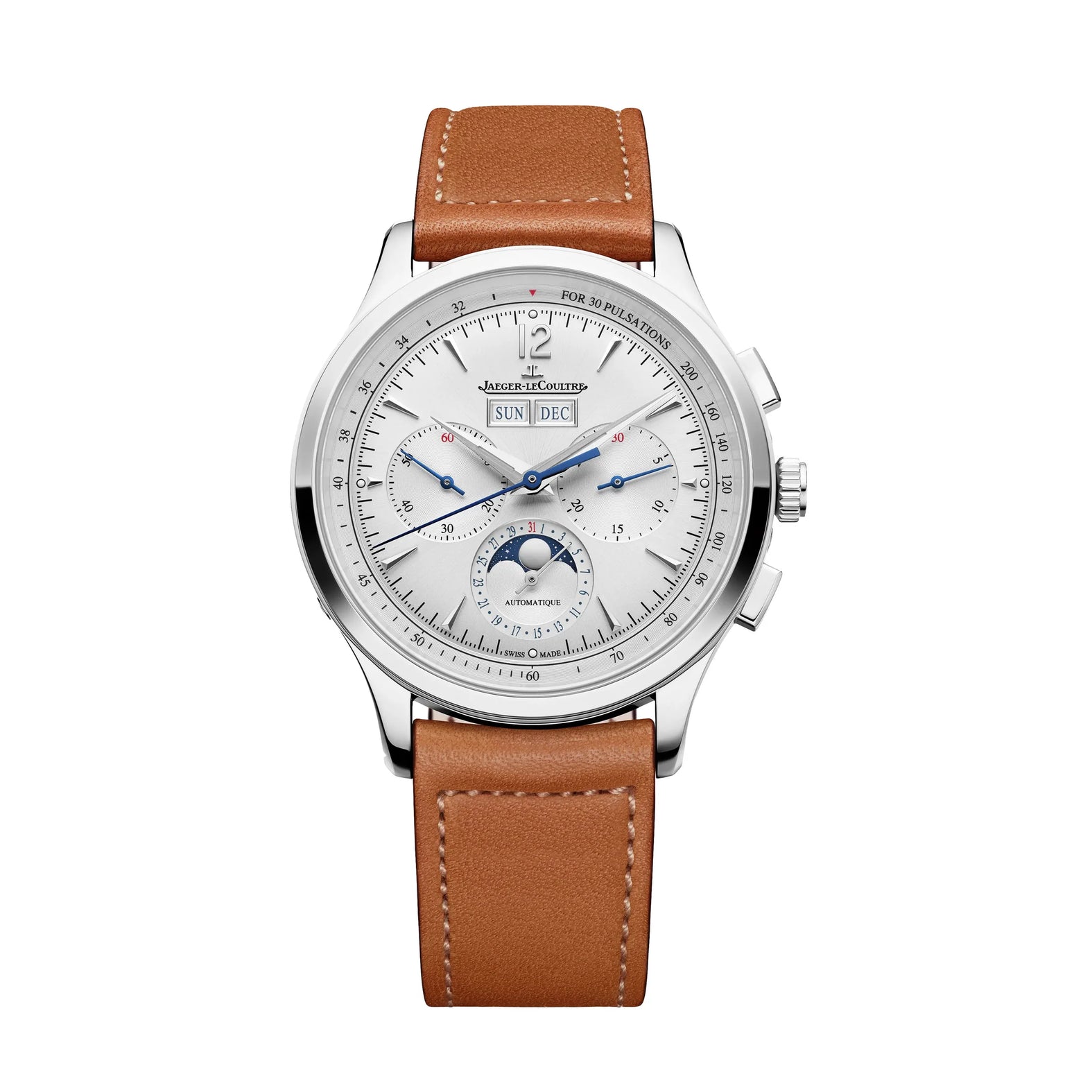 The Jaeger-LeCoultre Master Control Chronograph Calendar features a silver case, white dial, blue hands, brown leather strap, triple calendar display, moon phase at 6 o'clock, chronograph subdials, and is powered by Calibre 759.
