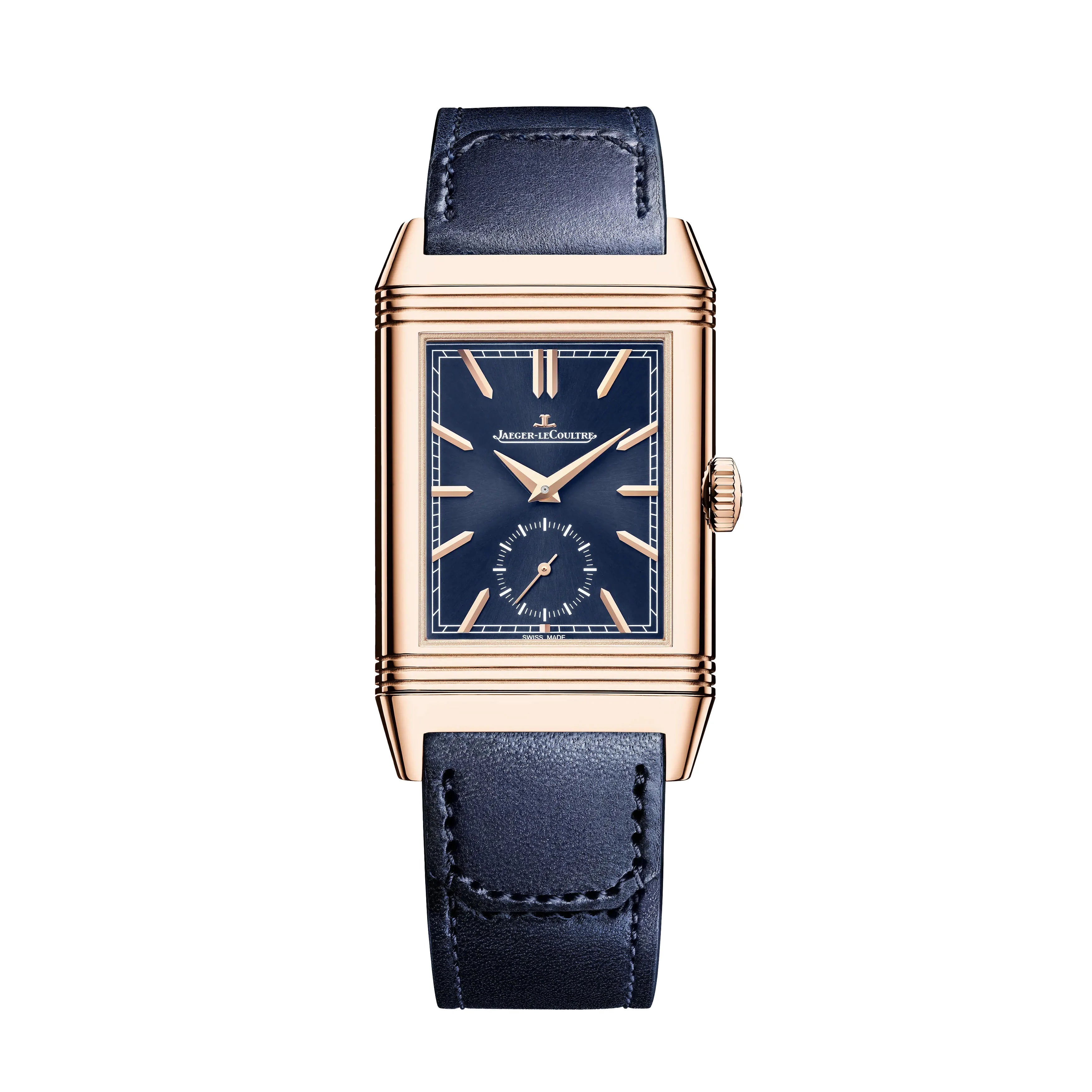The Jaeger-LeCoultre Polaris Date, a luxury rectangular wristwatch with a blue leather strap, gold case, blue dial with gold markers and hands, plus a small seconds subdial at six o’clock, features the precise Calibre 899 movement.