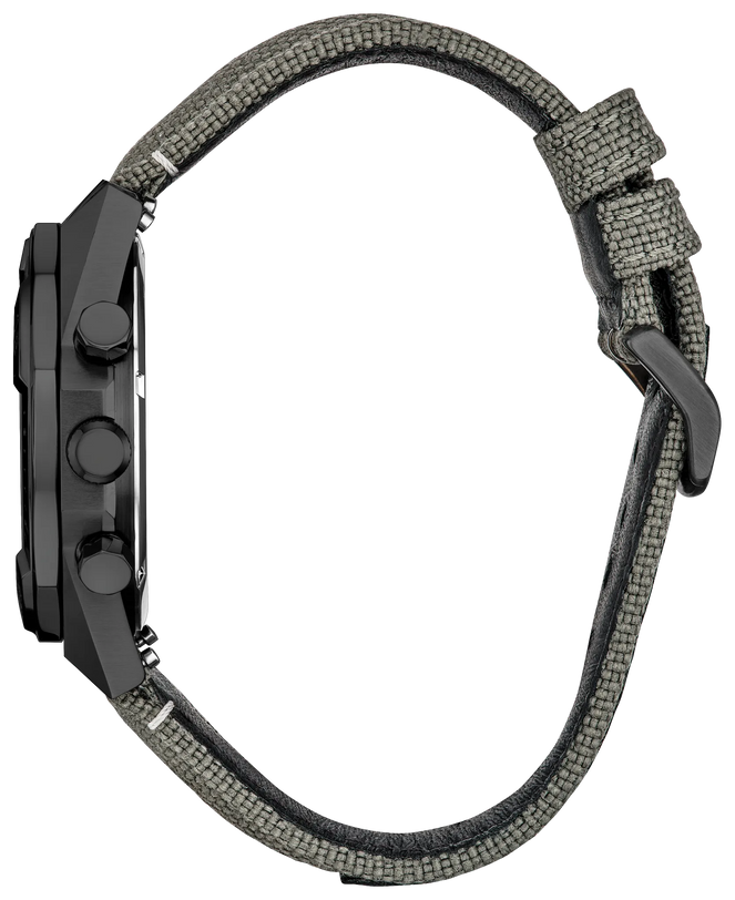 42mm gray stainless steel watch with dark case, three pushers, and gray woven fabric band with black accents.