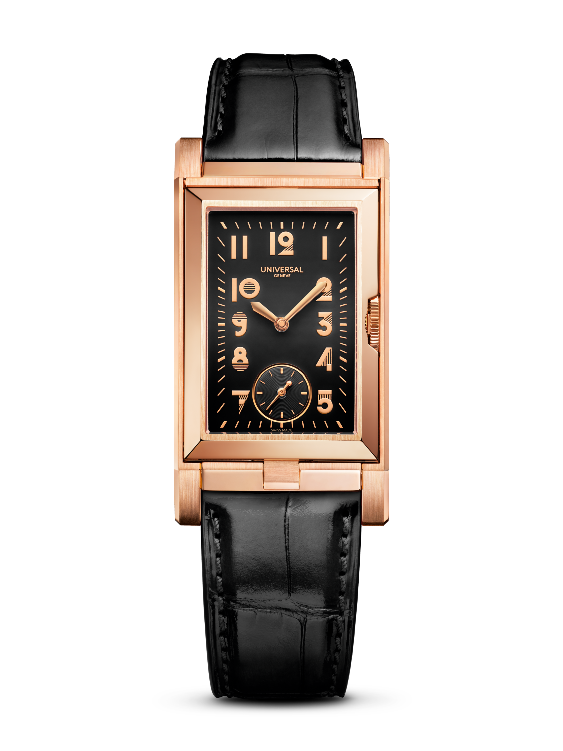 Rose gold rectangular watch with black dial, Arabic numerals, subsidiary seconds dial, and black leather strap.