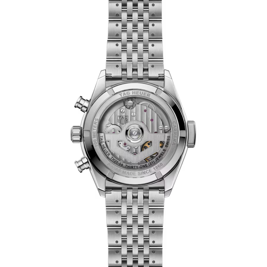 Stainless steel chronograph watch with linked bracelet, visible chronograph subdials and mechanical movement on display caseb