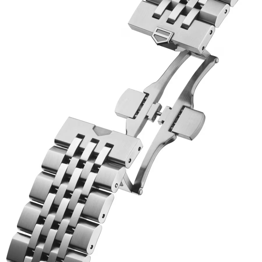 Silver metal watch strap with clasp on a white background
