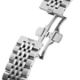 Silver metal watch strap with clasp on a white background