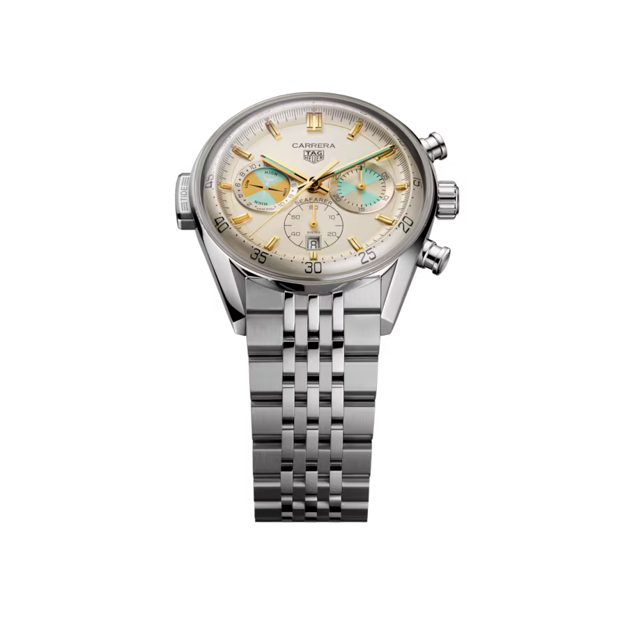 Silver watch with detailed face on a white background