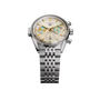 Silver watch with detailed face on a white background