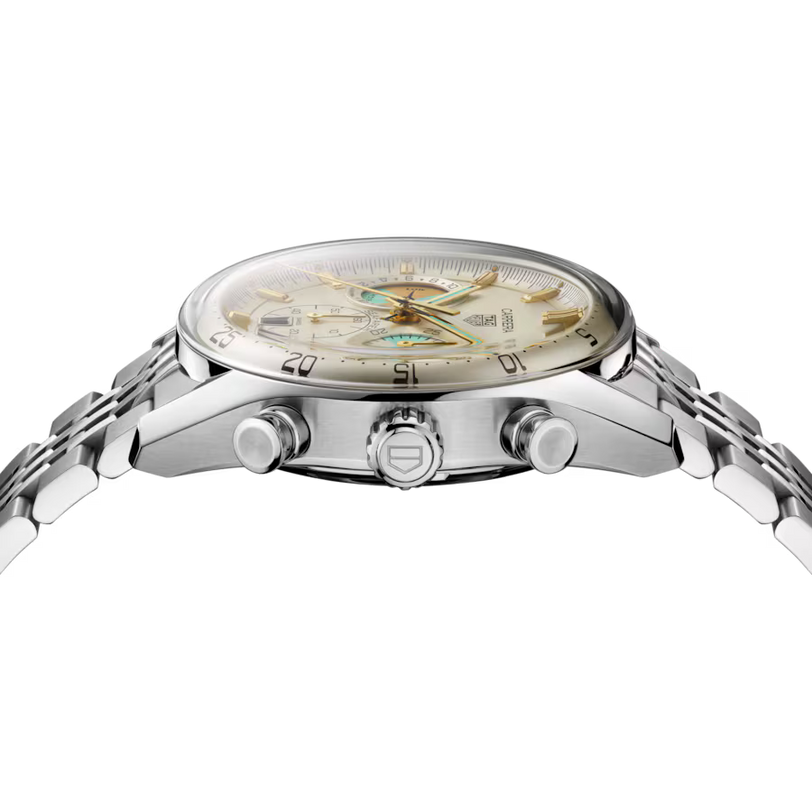 Silver-tone chronograph watch with cream dial, three subdials, tachymeter bezel, and stainless steel bracelet.